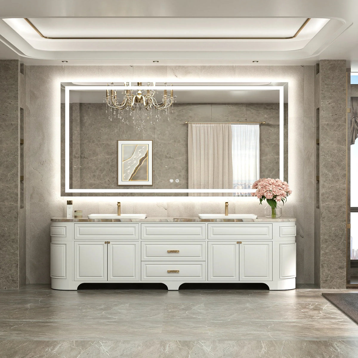 84-inch dual-lit bathroom mirror above a wide double vanity