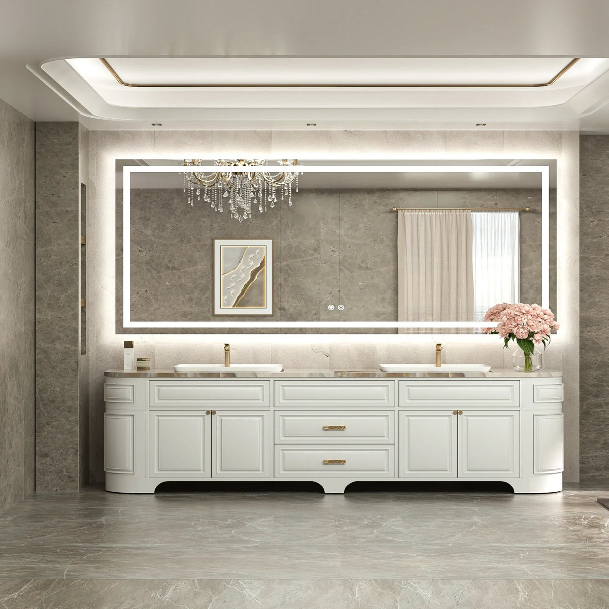 One 96-inch LED mirror spanning a wide double vanity