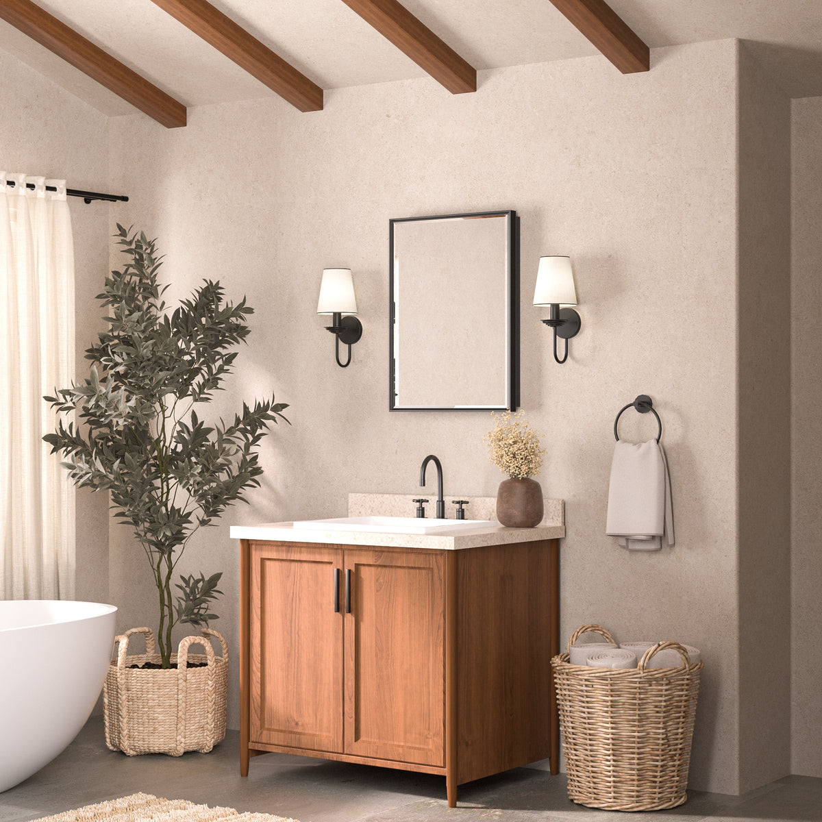 Bagno Con Specchio Con Cornice In Legno Nero, Lavabo In Porcellana Bianca Piano In Vetro Temperato E Spessi Pavimenti In Piastrelle 43204519 Bagno Con Specchio Con Cornice In Legno Nero, Lavabo In Porcellana Bianca Piano In Vetro Temperato E Spessi Pavimenti In Piastrelle 43204519