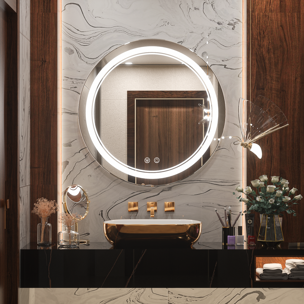 TETOTE 32 Inch Round Bathroom LED Vanity Mirror, Anti-Fog Dimmable Lights IP54 Waterproof Circle Makeup Wall Mounted Mirror