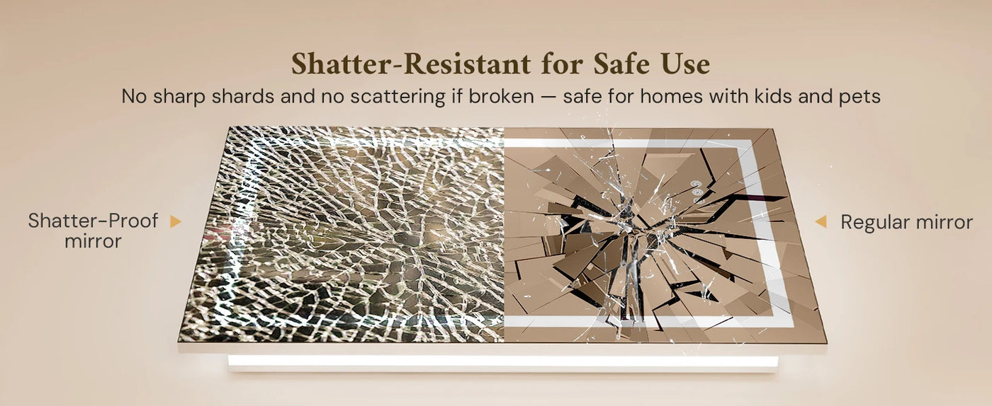 Chamfered edge and shatter-proof glass detail on the TETOTE LED mirror