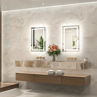 |16x24 inch LED bathroom mirror, backlit and front lit vanity light with anti-fog defogger, dimmable brightness, and 3 color temperatures.