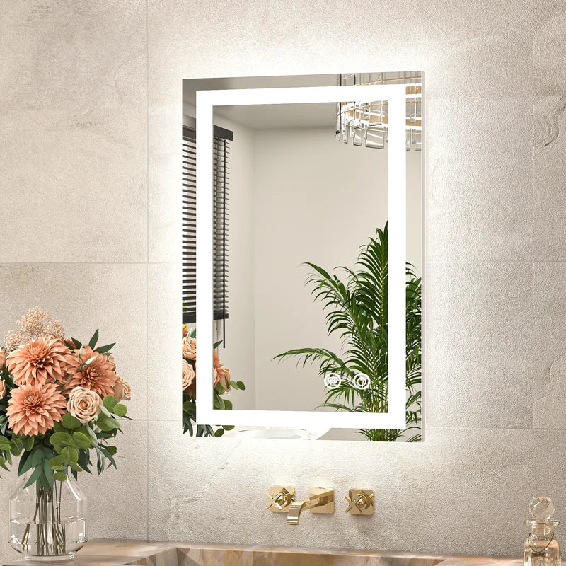 |16x24 inch LED bathroom mirror with anti-fog, dimmable backlit and front lit 3-color light for wall vanity.