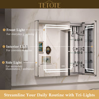 TETOTE Medicine Cabinet Bathroom LED Mirror 3 Colors Stepless Dimming Anti-Fog Memory Funtion Surface Wall Mounted Medicine Cabinets