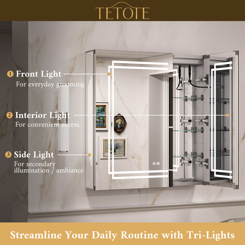 TETOTE Medicine Cabinet Bathroom LED Mirror 3 Colors Stepless Dimming Anti-Fog Memory Funtion Surface Wall Mounted Medicine Cabinets