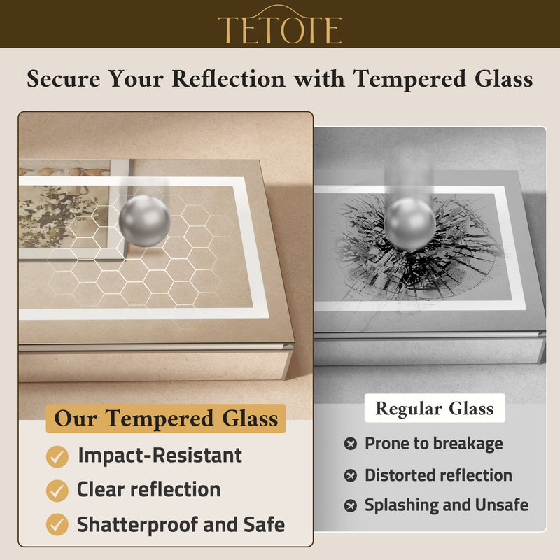TETOTE  LED Medicine Cabinet Mirror - Recessed/Surface Mount with Tempered Glass, 3-Color Dimming, Defog, 2 Outlets & USB Ports, Adjustable Shelves