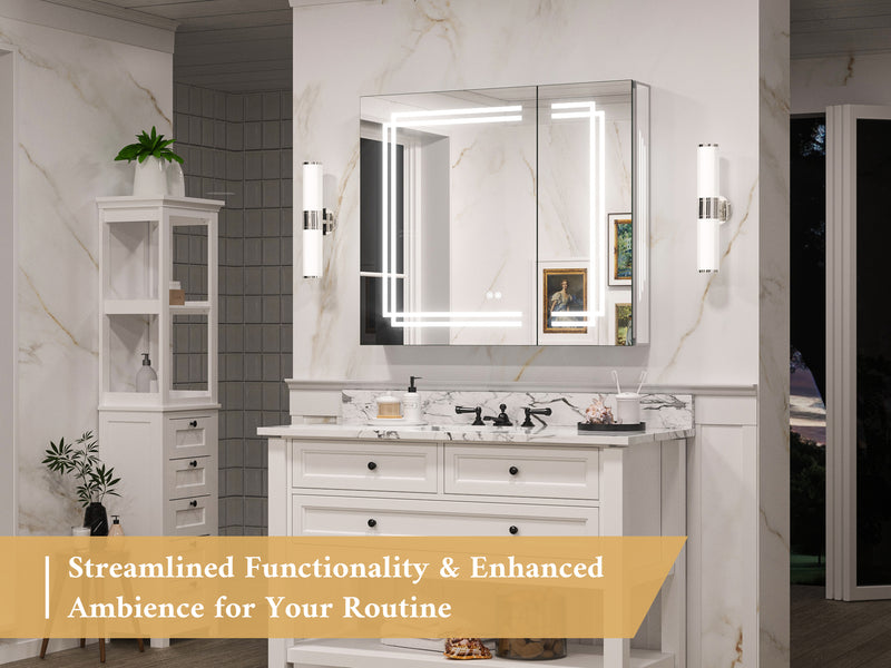 TETOTE Medicine Cabinet Bathroom LED Mirror 3 Colors Stepless Dimming Anti-Fog Memory Funtion Surface Wall Mounted Medicine Cabinets