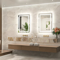 |22x30 inch LED bathroom mirror, backlit and front lit vanity light with anti-fog defogger, dimmable brightness, and 3 color temperatures.