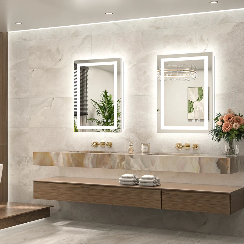 |22x30 inch LED bathroom mirror, backlit and front lit vanity light with anti-fog defogger, dimmable brightness, and 3 color temperatures.