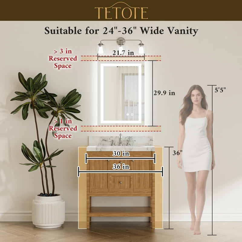 |22x30 inch LED bathroom mirror dimensions, ideal for single-user vanity or compact makeup area
