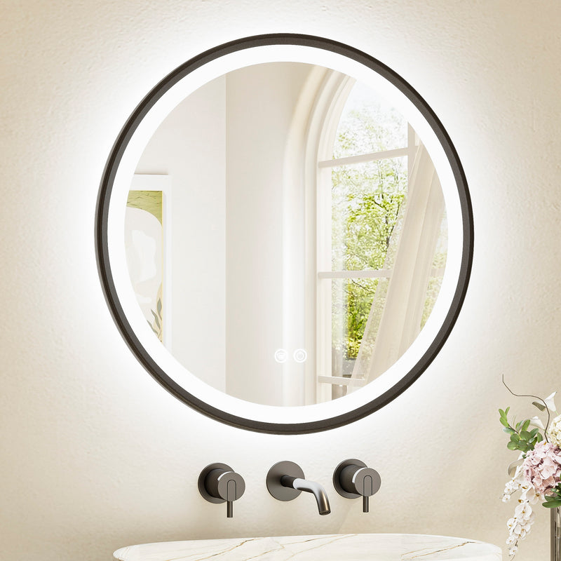 LED Round Bathroom Mirror, Metal Framed, black