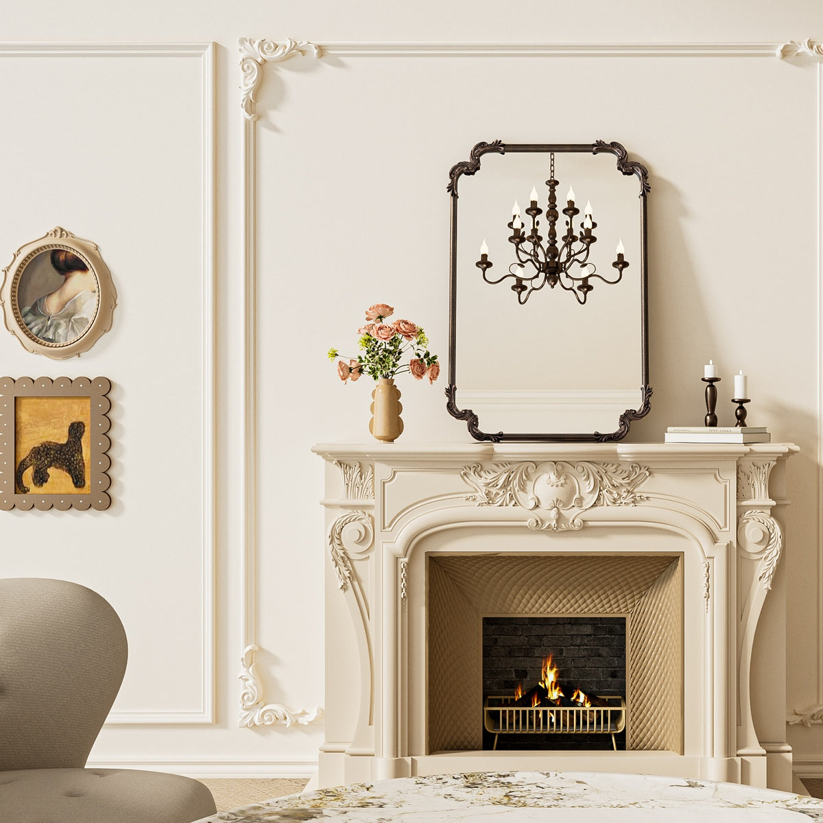 Framed Decorative Wall Mirror above a mantle and fireplace