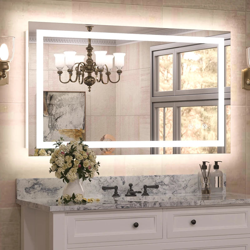 |24x40 inch LED bathroom mirror with anti-fog, stepless dimmable backlit and frontlit, and 3 color temperatures for versatile vanity lighting by TETOTE.