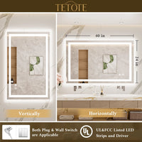 |24x40 inch LED bathroom mirror with easy installation kit, supports vertical or horizontal mounting, plug-in or hardwire.