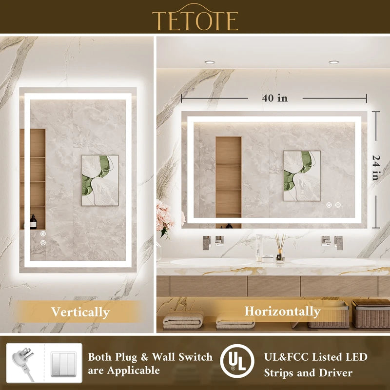 |24x40 inch LED bathroom mirror with easy installation kit, supports vertical or horizontal mounting, plug-in or hardwire.