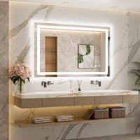 |24x40 inch LED bathroom mirror, backlit and front lit vanity light with anti-fog defogger, dimmable brightness, and 3 color temperatures.