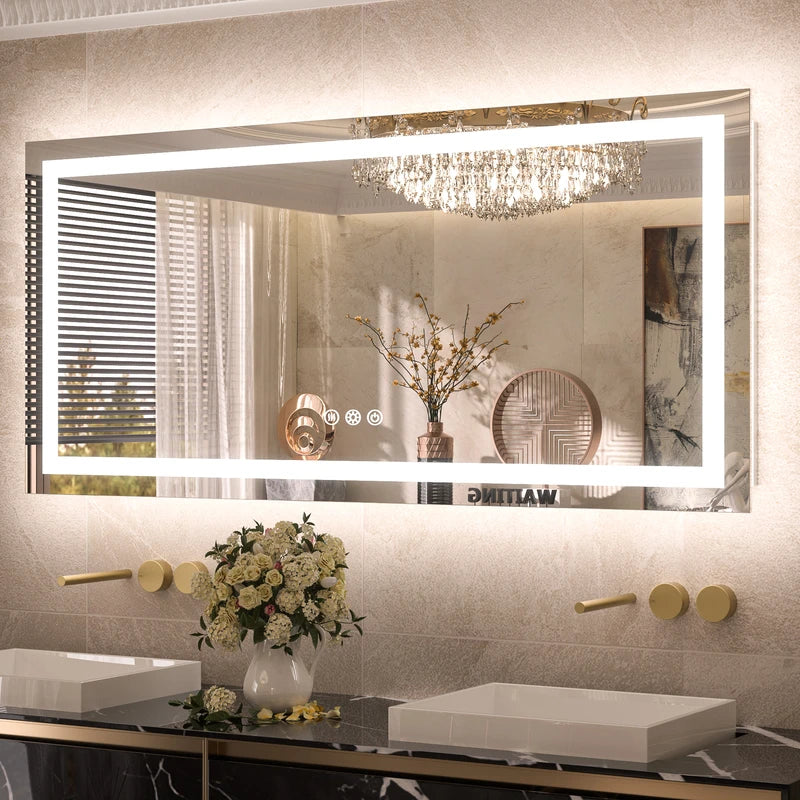 |24x48 inch LED bathroom mirror with anti-fog, stepless dimmable backlit and frontlit, and 3 color temperatures for versatile vanity lighting by TETOTE.