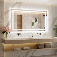 |24x48 inch LED bathroom mirror, backlit and front lit vanity light with anti-fog defogger, dimmable brightness, and 3 color temperatures.