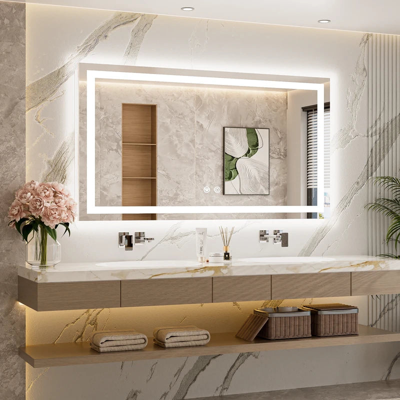 |24x48 inch LED bathroom mirror, backlit and front lit vanity light with anti-fog defogger, dimmable brightness, and 3 color temperatures.