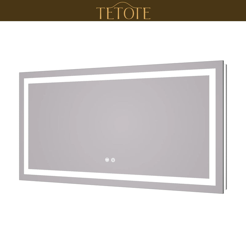|24x48 inch LED bathroom mirror featuring shatterproof tempered glass, smart touch controls, and high-brightness anti-fog technology.