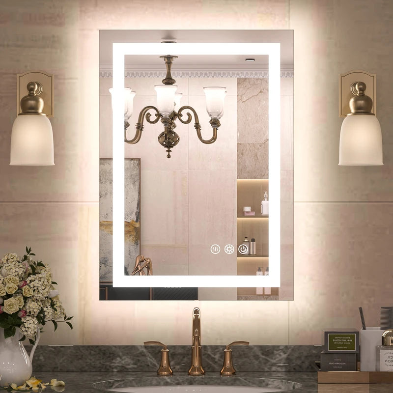 |20x28 inch LED bathroom mirror with anti-fog, stepless dimmable backlit and frontlit, and 3 color temperatures for versatile vanity lighting by TETOTE.