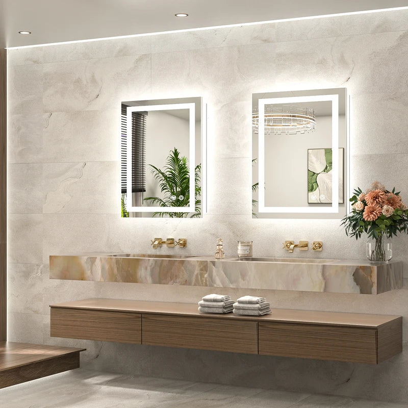 |28x20 inch LED bathroom mirror, backlit and front lit vanity light with anti-fog defogger, dimmable brightness, and 3 color temperatures.