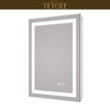 |28x20 inch LED bathroom mirror featuring shatterproof tempered glass, smart touch controls, and high-brightness anti-fog technology.