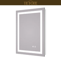 |28x20 inch LED bathroom mirror featuring shatterproof tempered glass, smart touch controls, and high-brightness anti-fog technology.