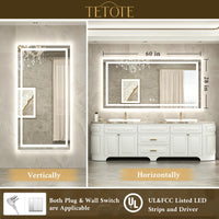 |28x60 inch LED bathroom mirror with easy installation kit, supports vertical or horizontal mounting, plug-in or hardwire.