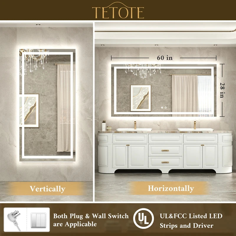 |28x60 inch LED bathroom mirror with easy installation kit, supports vertical or horizontal mounting, plug-in or hardwire.