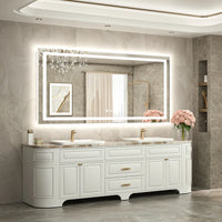 |28x60 inch LED bathroom mirror, backlit and front lit vanity light with anti-fog defogger, dimmable brightness, and 3 color temperatures.