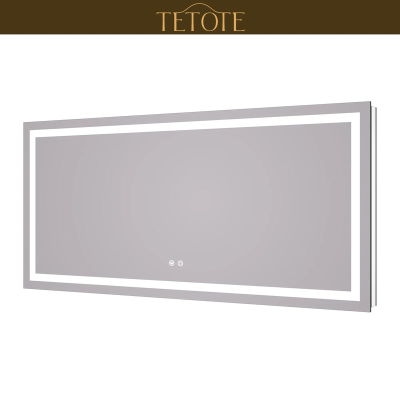 |28x60 inch LED bathroom mirror featuring shatterproof tempered glass, smart touch controls, and high-brightness anti-fog technology.