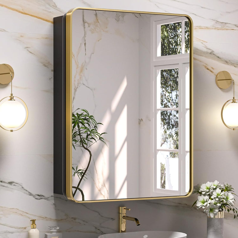 TETOTE Square Rounded Corners Metal Frame Mirror Cabinet