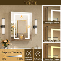 TETOTE  LED Medicine Cabinet Mirror - Recessed/Surface Mount with Tempered Glass, 3-Color Dimming, Defog, 2 Outlets & USB Ports, Adjustable Shelves