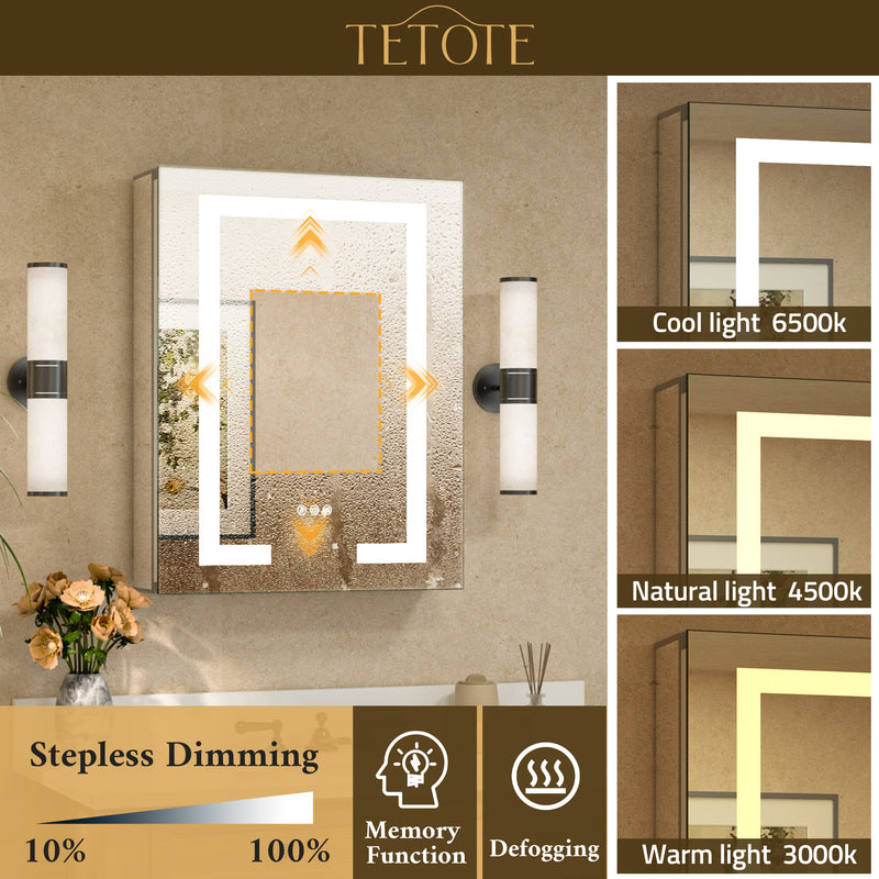TETOTE  LED Medicine Cabinet Mirror - Recessed/Surface Mount with Tempered Glass, 3-Color Dimming, Defog, 2 Outlets & USB Ports, Adjustable Shelves