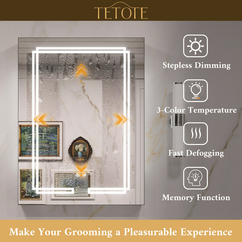 TETOTE Medicine Cabinet Bathroom LED Mirror 3 Colors Stepless Dimming Anti-Fog Memory Funtion Surface Wall Mounted Medicine Cabinets