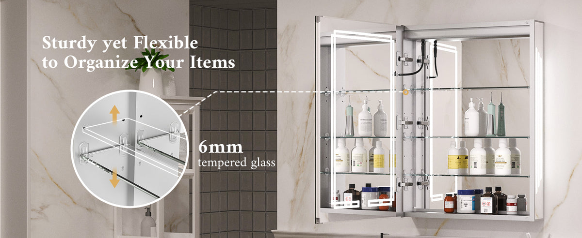 LED medicine cabinet interior storage