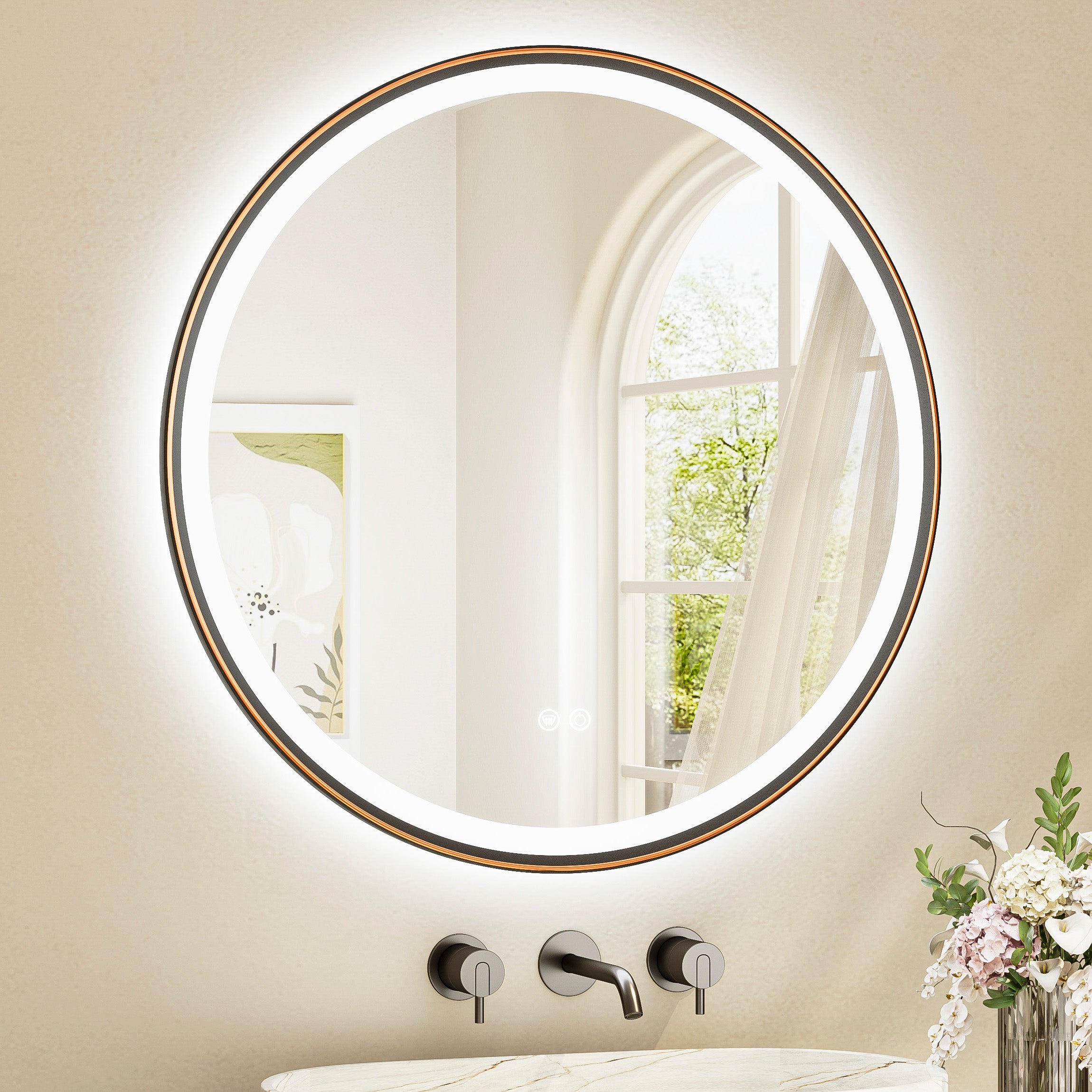 Tetote Round Aluminum Framed Front & Backlit LED Bathroom Mirror – 3-Color Dimmable, Anti-Fog, Tempered Glass