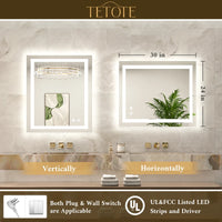 |30x24 inch LED bathroom mirror with easy installation kit, supports vertical or horizontal mounting, plug-in or hardwire.