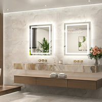 |30x24 inch LED bathroom mirror, backlit and front lit vanity light with anti-fog defogger, dimmable brightness, and 3 color temperatures.