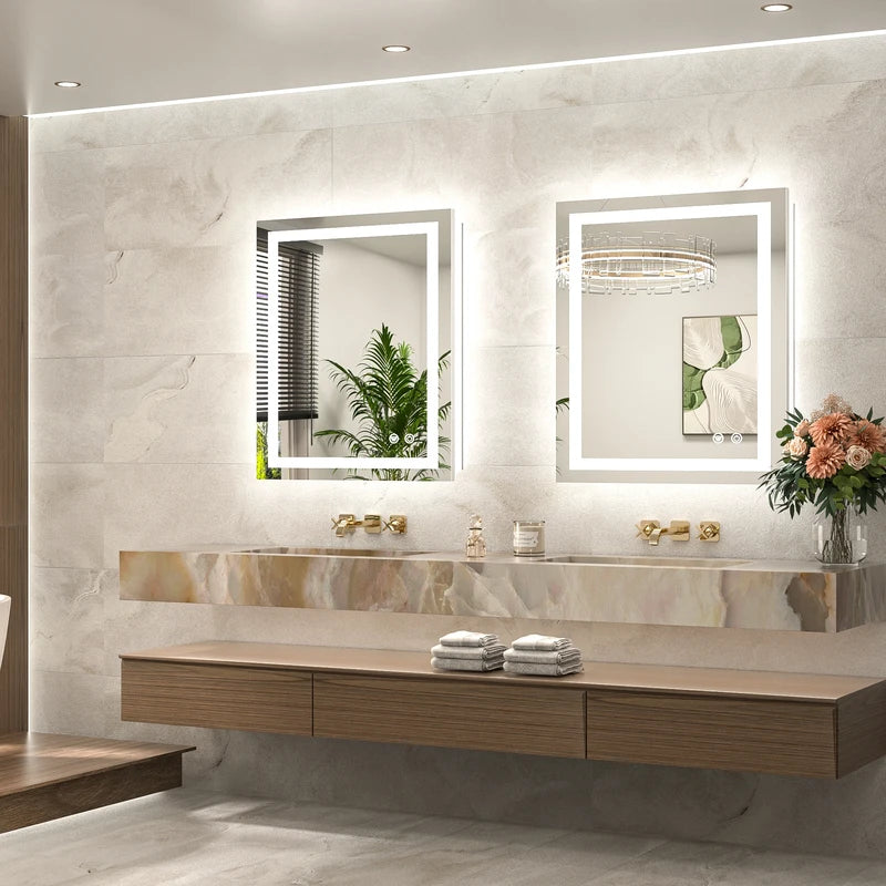 |30x24 inch LED bathroom mirror, backlit and front lit vanity light with anti-fog defogger, dimmable brightness, and 3 color temperatures.