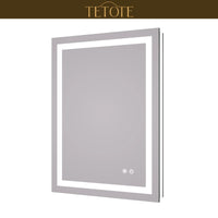 |30x24 inch LED bathroom mirror featuring shatterproof tempered glass, smart touch controls, and high-brightness anti-fog technology.