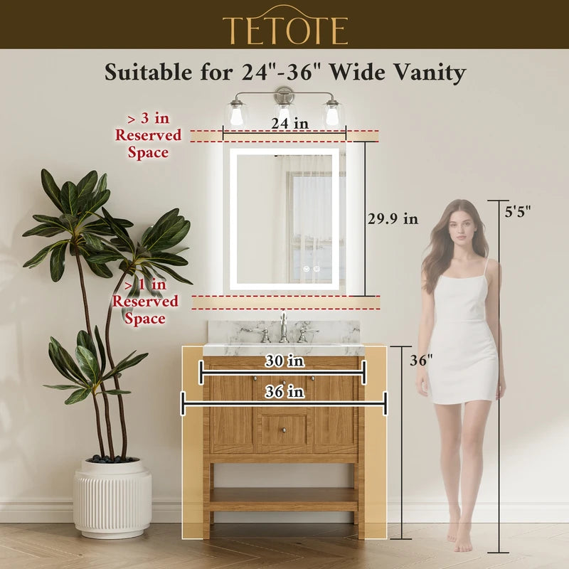 |30x24 inch LED bathroom mirror dimensions, ideal for single-user vanity or compact makeup area