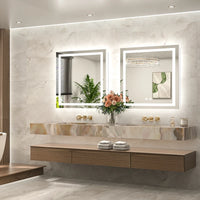 |30x30 inch LED bathroom mirror, backlit and front lit vanity light with anti-fog defogger, dimmable brightness, and 3 color temperatures.