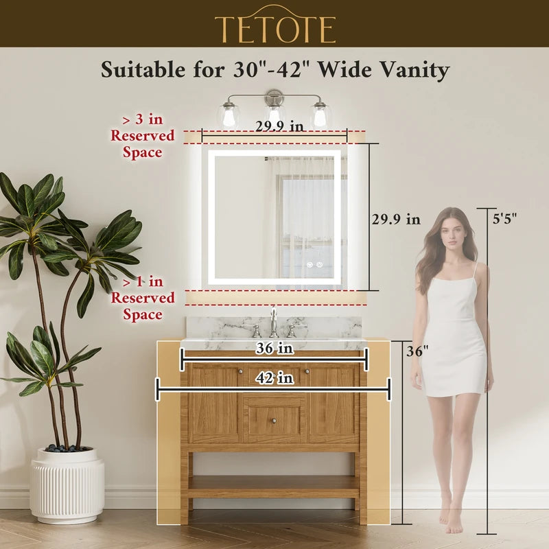 |30x30 inch LED bathroom mirror dimensions, ideal for single-user vanity or compact makeup area
