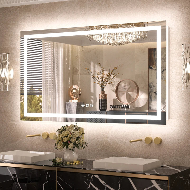 |30x48 inch LED bathroom mirror with anti-fog, stepless dimmable backlit and frontlit, and 3 color temperatures for versatile vanity lighting by TETOTE.