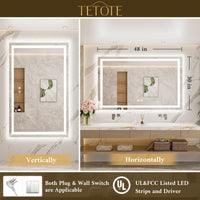 |30x48 inch LED bathroom mirror with easy installation kit, supports vertical or horizontal mounting, plug-in or hardwire.