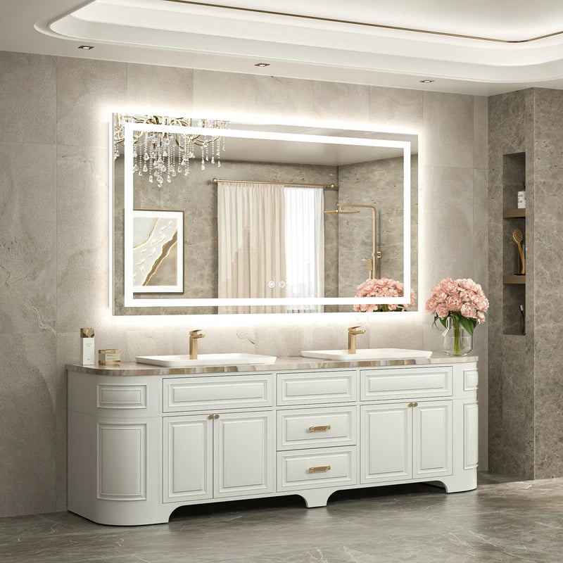 |30x55 inch LED bathroom mirror, backlit and front lit vanity light with anti-fog defogger, dimmable brightness, and 3 color temperatures.