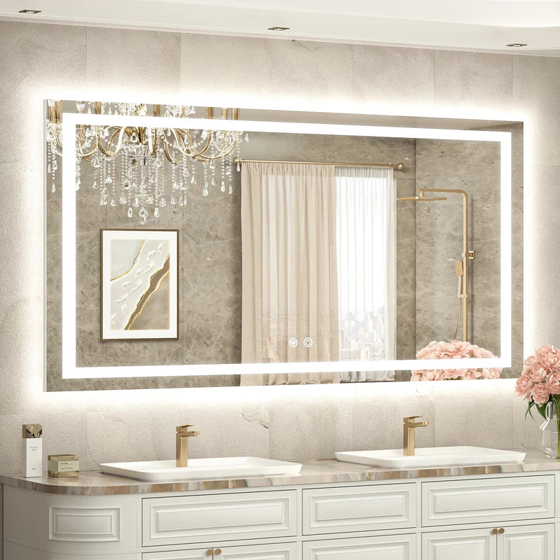 |30x55 inch LED bathroom mirror with anti-fog, dimmable backlit and front lit 3-color light for wall vanity.