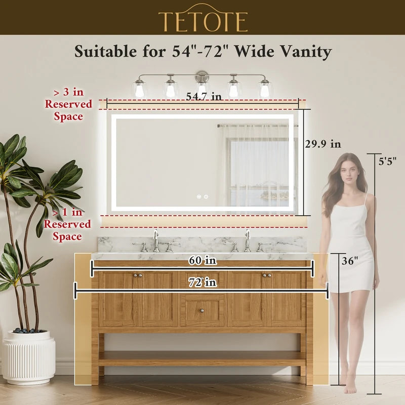 |30x55 inch LED bathroom mirror dimensions, designed for large bathrooms, double vanities, and luxury lighting coverage
